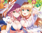  :d ;q animal_ear_fluff animal_ears bangs bikini bikini_top blonde_hair blue_bikini blush breast_press breasts brown_eyes cleavage collarbone commentary_request criss-cross_halter eyebrows_visible_through_hair fate/grand_order fate_(series) fingernails flower fox_ears fox_tail green_eyes halterneck hat hood hood_down jewelry large_breasts looking_at_viewer masuishi_kinoto multiple_girls necklace nero_claudius_(fate)_(all) nero_claudius_(swimsuit_caster)_(fate) one_eye_closed open_mouth outstretched_hand pink_hair ribbon see-through shiny shiny_hair simple_background smile striped striped_bikini swimsuit tail tamamo_(fate)_(all) tamamo_no_mae_(swimsuit_lancer)_(fate) tongue tongue_out upper_body 