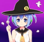  :3 black_hat blue_eyes blue_hair blush candy closed_mouth collarbone eyebrows_visible_through_hair food gradient gradient_background halloween hat linda_b linda_b_(linda_b) lollipop looking_at_viewer original purple_background short_hair short_twintails simple_background sleeveless smile solo twintails upper_body witch_hat 