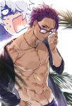  abs beach bracelet chest fate/grand_order fate_(series) father_and_son galahad_(fate) grand_dobu hair_over_one_eye highres jewelry lancelot_(fate/grand_order) male_focus multiple_boys navel nipples off_shoulder purple_eyes purple_hair shaded_face silver_hair solo_focus sunglasses surprised sweat tan toned toned_male upper_body 