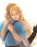  1girl arm_guards artist_name bare_shoulders belt black_gloves blonde_hair blue_tunic collarbone crying crying_with_eyes_open dress eorinamo fingerless_gloves gloves green_eyes hair_tie highres holding_another hug jewelry link long_sleeves necklace open_mouth pointy_ears pouch princess_zelda standing strap strapless tears the_legend_of_zelda the_legend_of_zelda:_breath_of_the_wild tunic white_dress wrist_cuffs 
