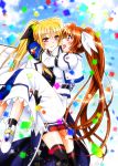  2girls ameiro blonde_hair blush brown_hair carrying couple eye_contact fate_testarossa hair_ornament happy hug looking_at_another lyrical_nanoha mahou_shoujo_lyrical_nanoha multiple_girls open_mouth princess_carry purple_eyes red_eyes ribbon smile takamachi_nanoha yuri 