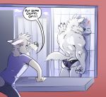  2018 anthro biceps building canine city clothing comic detailed_background digital_media_(artwork) fur hi_res kemono male mammal muscular muscular_male outside pecs plum_(artist) speech_bubble text underwear wolf 