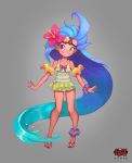  1girl absurdly_long_hair alternate_costume alternate_eye_color alternate_hair_color bare_shoulders bikini bow concept_art flower frilled_bikini frilled_skirt frills goggles hair_flower hair_ornament league_of_legends long_hair multicolored multicolored_eyes official_art pool_party_zoe skirt solo swimsuit very_long_hair zoe_(league_of_legends) 