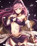  bangs bare_shoulders black_legwear braid breasts bridal_gauntlets commentary_request dancer fan fire_emblem fire_emblem:_kakusei fire_emblem_heroes full_body gold_trim hairband haru_(nakajou-28) high_ponytail long_hair looking_at_viewer medium_breasts navel olivia_(fire_emblem) pelvic_curtain pink_eyes pink_hair ponytail sandals side_braid smile solo standing swept_bangs twin_braids 