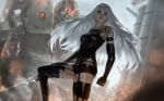  after_battle android black_gloves black_shorts clenched_hand dirty elbow_gloves gloves long_hair looking_at_viewer machine_(nier) mole mole_under_mouth nier_(series) nier_automata raikoart revision robot_joints serious short_shorts shorts solo sword thighhighs weapon yorha_type_a_no._2 