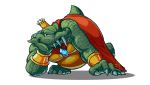  all_fours anthro barefoot cape claws clothing crocodilian crown donkey_kong_(series) fangs headgear hi_res king king_k_rool kremling looking_at_viewer male musclegut nintendo open_mouth pecs pose red_eyes reptile royalty scalie scarvii sharp_claws sharp_teeth simple_background smile solo teeth toe_claws video_games white_background 