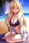  alisa_reinford alternate_costume barefoot beach beach_towel beach_umbrella bikini blonde_hair blush breasts cleavage cloud cloudy_sky collarbone day earrings eiyuu_densetsu hair_between_eyes hair_ornament jacket jewelry kagura_yuuto long_hair long_sleeves looking_at_viewer medium_breasts navel ocean off_shoulder red_eyes sen_no_kiseki sky smile solo swimsuit towel umbrella 