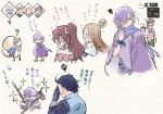  blush brown_hair chibi cloak dancer dress fringe_trim gameplay_mechanics gloves hair_over_one_eye hat jewelry long_hair multiple_boys multiple_girls oboro_keisuke octopath_traveler olberic_eisenberg open_mouth ophilia_(octopath_traveler) ponytail primrose_azelhart scarf short_hair simple_background smile therion_(octopath_traveler) translation_request tressa_(octopath_traveler) weapon white_hair 