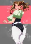  1girl artist_request ass blush breasts brown_eyes brown_hair come_hither from_behind gundam gundam_build_fighters gundam_build_fighters_try hair_ornament huge_breasts leggings leotard long_hair looking_at_viewer naughty_face sazaki_kaoruko shiny shiny_clothes shiny_hair shiny_skin sideboob smile solo tongue tongue_out twintails 