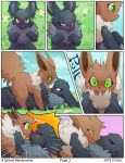  2018 3_toes ? all_fours alternate_color ambiguous_gender angry black_fur black_nose black_pawpads blush brown_fur brown_nose comic cute dialogue eevee embarrassed english_text eye_contact eyes_closed feral first_person_view flower fluffy fluffy_tail fur grass green_eyes kissing nintendo on_grass on_top open_mouth passionate pawpads plant pok&eacute;mon pok&eacute;mon_(species) red_eyes romantic shy sky speech_bubble surprise sweat tears text toes tongue uluri video_games white_fur 