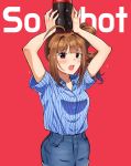  ahoge blush breasts collarbone collared_shirt drill_hair english eyebrows_visible_through_hair idolmaster idolmaster_million_live! kamille_(vcx68) large_breasts looking_at_viewer open_mouth red_background scrunchie shirt short_sleeves side_drill simple_background solo teeth upper_body yokoyama_nao 