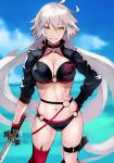 absurdres belt bikini black_bikini black_jacket breasts choker commentary_request fate/grand_order fate_(series) highres jacket jeanne_d'arc_(alter_swimsuit_berserker) jeanne_d'arc_(fate)_(all) katana large_breasts long_hair looking_at_viewer navel o-ring o-ring_swimsuit shrug_(clothing) single_thighhigh solo swimsuit sword thigh_strap thighhighs weapon yellow_eyes yoshi55level 