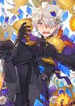  black_gloves blush boots capelet commentary_request crystal fate/grand_order fate_(series) feathers galahad_(fate) gloves grail grand_dobu hair_over_one_eye highres looking_at_viewer male_focus medal open_mouth silver_hair simple_background sitting solo sweatdrop white_background yellow_eyes 
