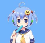  ahoge blue_background blue_hair blush eyebrows_visible_through_hair food hair_bobbles hair_ornament linda_b linda_b_(linda_b) looking_at_viewer original popsicle short_hair short_sleeves short_twintails simple_background solo twintails upper_body 