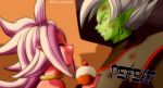  1boy 1girl android_21 artist_request bare_shoulders breasts cake dragon_ball dragon_ball_fighterz dragon_ball_super female food fused_zamasu green_skin injury long_hair majin_android_21 no_humans pink_skin pointy_ears smile upper_body zamasu 