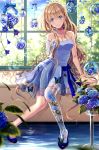 absurdres anko_kinako bare_shoulders blonde_hair blue_dress blue_eyes brown_hair bug butterfly commentary_request dress earrings flower highres hydrangea insect jewelry leaf long_hair original prosthesis sitting window 