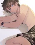  bare_chest black_hair blue_eyes camouflage closed_mouth fate/grand_order fate_(series) fujimaru_ritsuka_(male) highres jewelry looking_at_viewer lying male_focus male_swimwear masuji necklace on_side shadow smile solo swim_trunks swimwear tan tanline tropical_summer watch 
