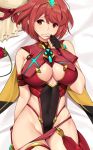  bangs bed_sheet black_gloves breasts center_opening commission cowboy_shot dakimakura eyebrows_visible_through_hair finger_to_mouth fingerless_gloves flower gloves hat hat_removed headwear_removed homura_(xenoblade_2) large_breasts looking_at_viewer red_eyes red_hair short_hair solo straw_hat swept_bangs tiara tony_guisado xenoblade_(series) xenoblade_2 