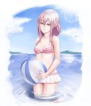  alternate_costume ball beachball bikini bow_bikini breasts cleavage fattybot guilty_crown hair_between_eyes highres lace lace-trimmed_bikini long_hair purple_eyes purple_hair ripples small_breasts solo swimsuit wading yuzuriha_inori 