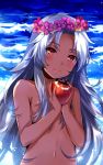  apple blush commentary_request dark_skin day eyebrows_visible_through_hair flat_chest flower food fruit hair_censor hair_flower hair_ornament hair_over_breasts head_wreath highres holding holding_food holding_fruit long_hair looking_at_viewer navel nude original outdoors purple_flower red_eyes silver_hair smile solo tan_(tangent) upper_body very_long_hair 