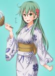 ahoge alternate_costume anti_(untea9) aqua_hair breasts fan floral_print flower green_background green_eyes hair_between_eyes hair_flower hair_ornament hairclip highres japanese_clothes kantai_collection kimono long_hair long_sleeves looking_at_viewer medium_breasts obi open_mouth paper_fan sash simple_background solo suzuya_(kantai_collection) sweat upper_body white_kimono wide_sleeves yellow_sash yukata 