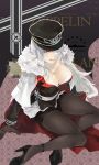  azur_lane breasts cleavage commentary fine_fabric_emphasis gloves graf_zeppelin_(azur_lane) hat highres jacket legs lipstick long_hair looking_at_viewer makeup military military_hat military_uniform nero4 one_eye_closed pantyhose purple_eyes shoes silver_hair simple_background sitting skirt solo uniform 