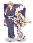  blonde_hair bow brother_and_sister commentary_request dated earrings elise_(fire_emblem_if) fire_emblem fire_emblem_heroes fire_emblem_if floral_print from_side gold_trim hair_bow hiwa_kurige ikayaki japanese_clothes jewelry kimono leon_(fire_emblem_if) long_hair long_sleeves multicolored_hair obi open_mouth pointing purple_eyes purple_hair sandals sash shadow short_hair siblings standing twintails twitter_username unmoving_pattern very_long_hair walking wide_sleeves yukata 