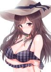  arm_under_breasts bangs bikini blush breast_hold breasts brown_eyes brown_hair cleavage closed_mouth commentary_request flower flower_necklace frown hat hat_ribbon highres idolmaster idolmaster_shiny_colors jewelry large_breasts long_hair looking_at_viewer minikon necklace nose_blush plaid plaid_bikini ribbon solo swept_bangs swimsuit tsukioka_kogane upper_body white_background 