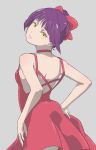  absurdres bow breasts dress from_behind gegege_no_kitarou grey_background hair_bow head_tilt highres looking_back medium_breasts nekomusume nekomusume_(gegege_no_kitarou_6) parted_lips purple_hair red_bow red_dress short_hair sideboob simple_background sleeveless sleeveless_dress solo tied_hair yellow_eyes zephyranthes54 