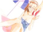  90s arm_support bangs_pinned_back bare_shoulders beach beach_towel beach_umbrella blue_swimsuit blush breasts brown_hair can casual_one-piece_swimsuit cleavage collarbone day dutch_angle feet_out_of_frame front-tie_top giving hairband hand_up holding holding_can hosaka_miyuki kai_tomohisa knees_together_feet_apart knees_up long_hair looking_at_viewer medium_breasts nose_pads official_art one-piece_swimsuit one_eye_closed open_mouth orange_eyes out_of_frame outdoors pink-framed_eyewear pink_towel sentimental_graffiti shiny shiny_hair sitting slender_waist soda_can solo_focus strapless strapless_swimsuit surprised swimsuit towel traditional_media umbrella watercolor_(medium) white_hairband wince 