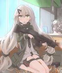  absurdres bullet_hole commentary_request girls_frontline glass_wall glowing_gun_barrel gun h&amp;k_mg4 hair_ornament hairclip highres hinbackc holding holding_gun holding_weapon jacket kneeling long_hair machine_gun mg4_(girls_frontline) namesake open_mouth pouch shell_casing shirt silver_hair smoke solo target_practice trigger_discipline weapon yellow_eyes 