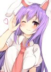  ;) animal_ears bangs blush breasts bunny_ears dutch_angle hair_between_eyes hand_up heart highres karasusou_nano large_breasts long_hair looking_at_viewer necktie one_eye_closed pink_neckwear puffy_short_sleeves puffy_sleeves purple_hair red_eyes reisen_udongein_inaba shirt short_sleeves sidelocks simple_background smile solo touhou upper_body white_background white_shirt wing_collar 