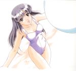  90s armpits ayasaki_wakana ball bangs beach beachball black_hair breasts brown_eyes casual_one-piece_swimsuit cleavage collarbone cowboy_shot day dutch_angle from_above hair_between_eyes happy hips kai_tomohisa long_hair looking_at_viewer looking_up medium_breasts official_art one-piece_swimsuit open_mouth outdoors outstretched_arms sentimental_graffiti shiny shiny_hair smile solo spread_arms standing straight_hair swimsuit thigh_gap traditional_media watercolor_(medium) white_swimsuit 