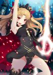  :d arm_up armpits bangs bima_rahmaa blonde_hair blush breasts cape commentary_request ereshkigal_(fate/grand_order) eyebrows_visible_through_hair fate/grand_order fate_(series) gold_trim highres long_hair looking_at_viewer open_mouth parted_bangs red_eyes sideboob sketch_eyebrows smile solo tiara two_side_up v-shaped_eyebrows 