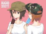 bangs baseball_cap brown_eyes brown_hair brown_hat camouflage_hat casual character_name closed_mouth commentary dated emblem english eyebrows_visible_through_hair food from_behind girls_und_panzer green_hat happy_birthday hat holding holding_food japanese_tankery_league_(emblem) looking_at_another looking_at_viewer multiple_girls mutsu_(layergreen) nishizumi_maho nishizumi_miho number popsicle shirt short_hair short_sleeves siblings simple_background sisters smile standing t-shirt white_shirt 