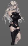  act_(a_moso) android armlet bare_shoulders black_gloves black_legwear black_shorts blue_eyes breasts cropped_legs elbow_gloves gloves grey_background long_hair medium_breasts nier_(series) nier_automata robot_joints short_shorts shorts silver_hair simple_background single_thighhigh solo thighhighs yorha_type_a_no._2 