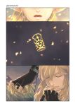  1girl artist_name bangs black_gloves blonde_hair blue_tunic bracer closed_eyes closed_mouth comic commentary crying dissolving earrings english_commentary eorinamo facing_viewer fingerless_gloves gloves gold highres jewelry link long_hair open_mouth ornament outdoors pointy_ears princess_zelda tears the_legend_of_zelda the_legend_of_zelda:_breath_of_the_wild twitter_username wrist_cuffs 