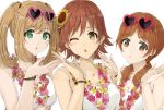  :o ;o bangs bracelet breasts brown_eyes brown_hair cinderella_girls_gekijou cleavage collarbone duffy eyebrows_visible_through_hair eyewear_on_head flower green_eyes hair_flower hair_ornament heart heart-shaped_eyewear highres honda_mio idolmaster idolmaster_cinderella_girls jewelry katagiri_sanae long_hair looking_at_viewer medium_breasts multiple_girls one_eye_closed open_mouth pink-framed_eyewear red-framed_eyewear satou_shin short_hair sleeveless strapless sunflower sunglasses swept_bangs twintails upper_body white_background 