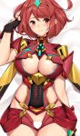  bangs bed_sheet black_gloves blush breasts censored center_opening commission covered_navel cowboy_shot dakimakura earrings eyebrows_visible_through_hair fingerless_gloves gloves heart heart_censor homura_(xenoblade_2) jewelry large_breasts looking_at_viewer micro_shorts nipples no_panties open_clothes open_shorts red_eyes red_hair red_shorts short_hair shorts solo swept_bangs tiara tony_guisado xenoblade_(series) xenoblade_2 