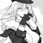  azur_lane breasts cigarette cleavage gloves graf_zeppelin_(azur_lane) greyscale hat highres long_hair looking_away military military_hat military_uniform monochrome radiocupcake simple_background smoking solo uniform 