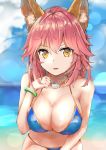  absurdres animal_ear_fluff animal_ears bikini blue_bikini breasts cleavage collarbone day fate/grand_order fate_(series) fox_ears highres large_breasts looking_at_viewer ocean open_mouth outdoors pink_hair side-tie_bikini solo swimsuit tail tamamo_(fate)_(all) tamamo_no_mae_(swimsuit_lancer)_(fate) woshi_yizida yellow_eyes 