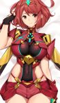  bangs bed_sheet black_gloves breasts commission covered_navel cowboy_shot dakimakura earrings eyebrows_visible_through_hair fingerless_gloves gloves homura_(xenoblade_2) jewelry large_breasts looking_at_viewer micro_shorts red_eyes red_hair red_shorts short_hair shorts solo swept_bangs tiara tony_guisado xenoblade_(series) xenoblade_2 