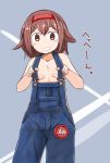  blue_background breasts brown_eyes brown_hair commentary_request enjaku_izuku feet_out_of_frame grin hairband highres kantai_collection looking_at_viewer naked_overalls overalls red_hairband school_uniform serafuku shiratsuyu_(kantai_collection) short_hair small_breasts smile solo translation_request 