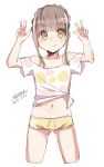  &gt;:) arms_up bangs bare_shoulders bikini bikini_shorts bikini_under_clothes blush braid collarbone cropped_legs dated double_v eyebrows_visible_through_hair green_eyes light_brown_hair long_hair maze_(gochama_ze_gohan) navel original shirt short_shorts shorts signature simple_background sketch solo standing swimsuit tied_shirt v v-shaped_eyebrows white_background white_shirt yellow_bikini yellow_shorts 