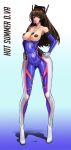  ahoge blue_bodysuit bodysuit breasts brown_eyes brown_hair bubble_blowing cameltoe chewing_gum commentary d.va_(overwatch) dog_tags english_commentary facepaint facial_mark hands_on_hips headphones highres hot large_breasts long_hair long_legs no_bra off_shoulder overwatch pasties pilot_suit platina1945 ribbed_bodysuit skin_tight solo sweat whisker_markings wide_hips 