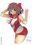  arm_behind_head arms_up bangs batsu blush breasts brown_eyes brown_hair cowboy_shot cropped_legs elbow_pads flying girls_und_panzer isobe_noriko kondou_taeko large_breasts leaning_forward looking_at_viewer open_mouth red_headband red_shirt red_shorts shirt short_hair short_shorts shorts simple_background single_vertical_stripe sleeveless sleeveless_shirt smile solo_focus sportswear sweatdrop tan twitter_username volleyball_uniform wavy_mouth white_background 