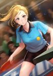  1girl ball bangs black_shorts blonde_hair blue_eyes blue_shirt blush breasts collared_shirt crowd dutch_angle holding indoors legs_apart long_hair medium_breasts motion_blur natsuyu paddle parted_lips ponytail shirt short_sleeves shorts solo_focus sparkle standing sweat swept_bangs table_tennis table_tennis_ball table_tennis_paddle 