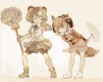  animal_ears arms_behind_back bear_ears bear_paw_hammer bear_tail bike_shorts bird_tail bird_wings boots bow bowtie brown_bear_(kemono_friends) brown_hair buttons cane coat collared_shirt commentary_request elbow_gloves eurasian_eagle_owl_(kemono_friends) eyebrows_visible_through_hair fur_collar gloves head_wings kemono_friends konabetate long_sleeves multicolored_hair multiple_girls owl_ears pantyhose pleated_skirt shirt short_hair short_sleeves shorts shorts_under_skirt skirt sweatdrop tail weapon white_hair wings 