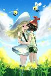  bangs beanie black_hair blonde_hair blue_sky blush cloud commentary_request couple cutiefly day dress eye_contact face-to-face green_eyes green_shorts grey_eyes hat highres holding_hands imminent_kiss leaning_forward lillie_(pokemon) long_hair looking_at_another minapo mizuki_(pokemon) multiple_girls petals pokemon pokemon_(game) pokemon_sm shirt short_hair shorts sky smile tied_shirt undershirt upper_body white_dress white_footwear white_hat wind yellow_petals yuri 