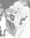  ;d altaria bikini breasts commentary gen_3_pokemon greyscale lillie_(pokemon) long_hair monochrome nipples one_eye_closed ontaros open_mouth pokemon pokemon_(anime) pokemon_(creature) pokemon_sm_(anime) small_breasts smile standing swimsuit 
